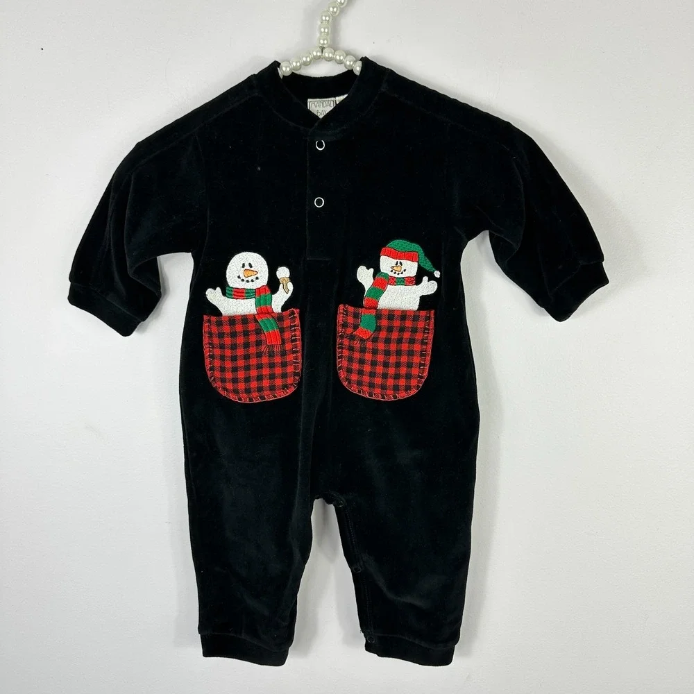 Vintage Mandal Bay Baby One Piece 6M Romper Black Velour Snowman‎ Christmas